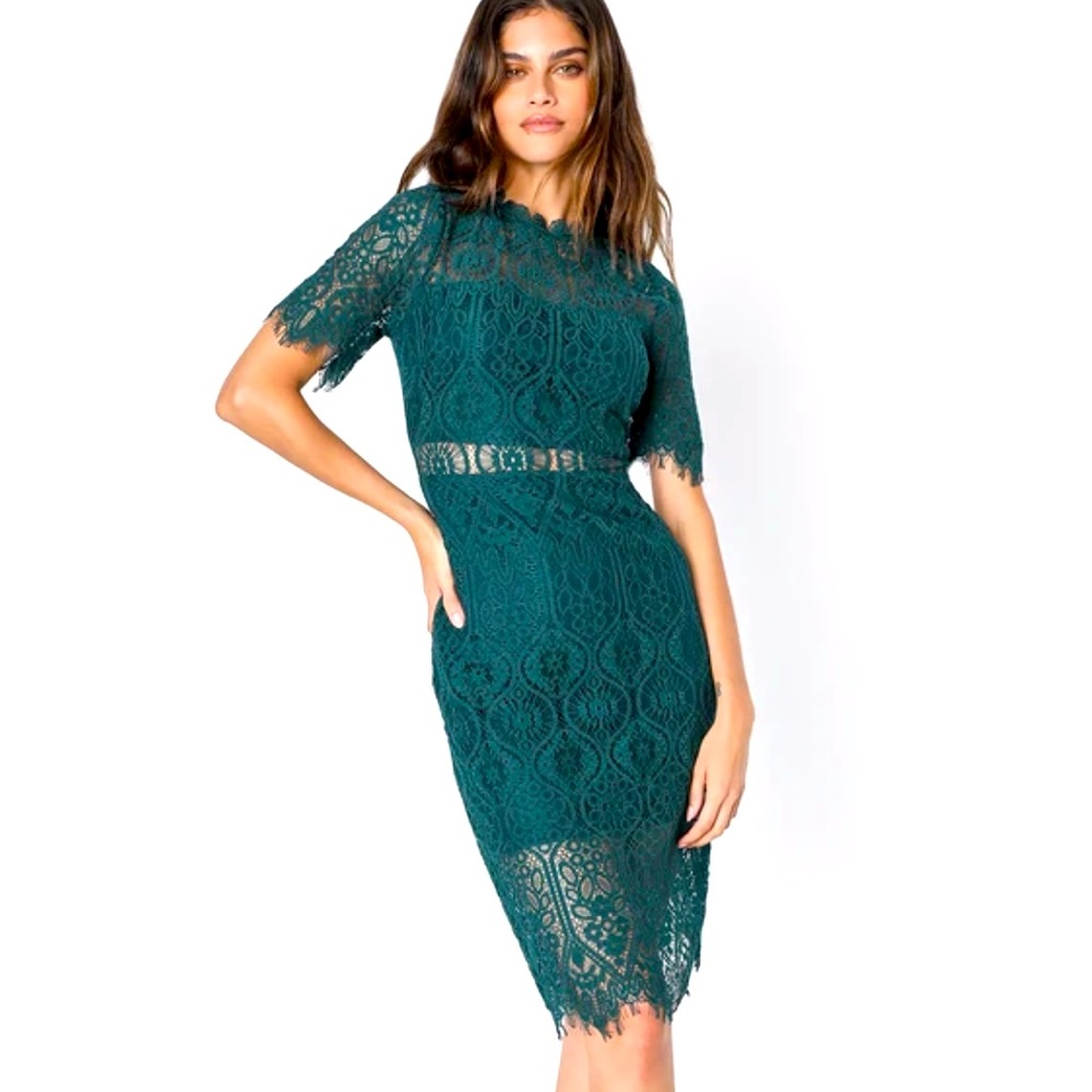 Lulu*s Remarkable Forest Green Sheer Lace Short Sleeve Mini Dress